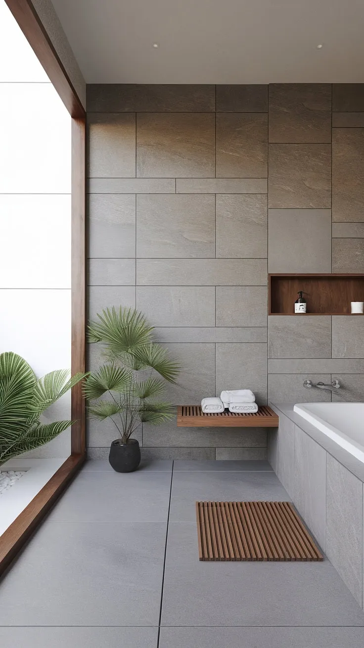 Find your sanctuary in this minimalist zen bathroom. Natural light floods the space, highlighting the calming stone walls and simple wooden accents. A perfect escape for quiet contemplation and rejuvenation.
