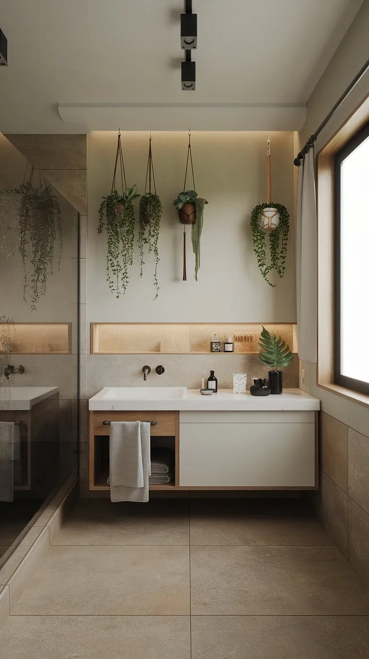 A minimalist bathroom designed for ultimate relaxation. The soft lighting, neutral palette, and thoughtful touches-like the hanging plants-transform this space into a personal oasis. A perfect blend of modern design and zen-like simplicity.