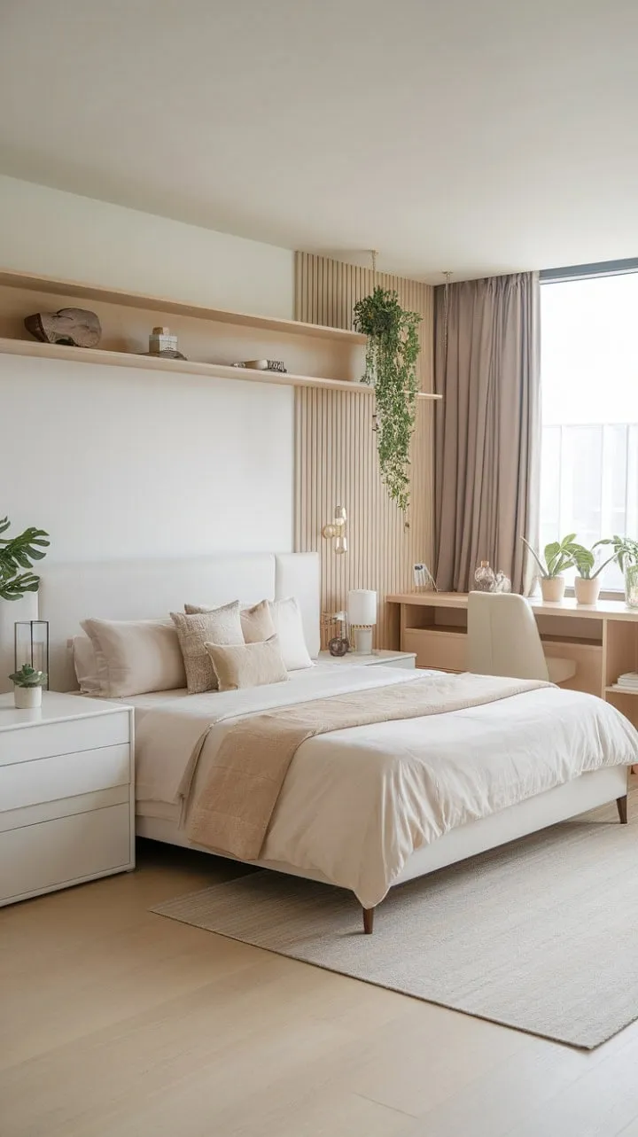 Experience serene tranquility in this beautifully crafted Japandi bedroom, where a soothing palette of white, beige, and light wood fosters a perfect retreat for relaxation.