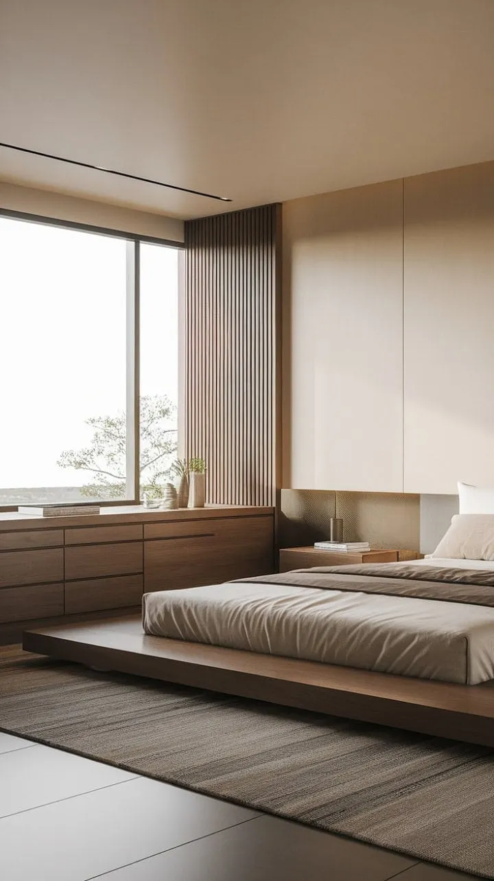 Discover tranquility in this elegantly crafted Japandi bedroom, where modern minimalism harmonizes with luxurious comfort.
