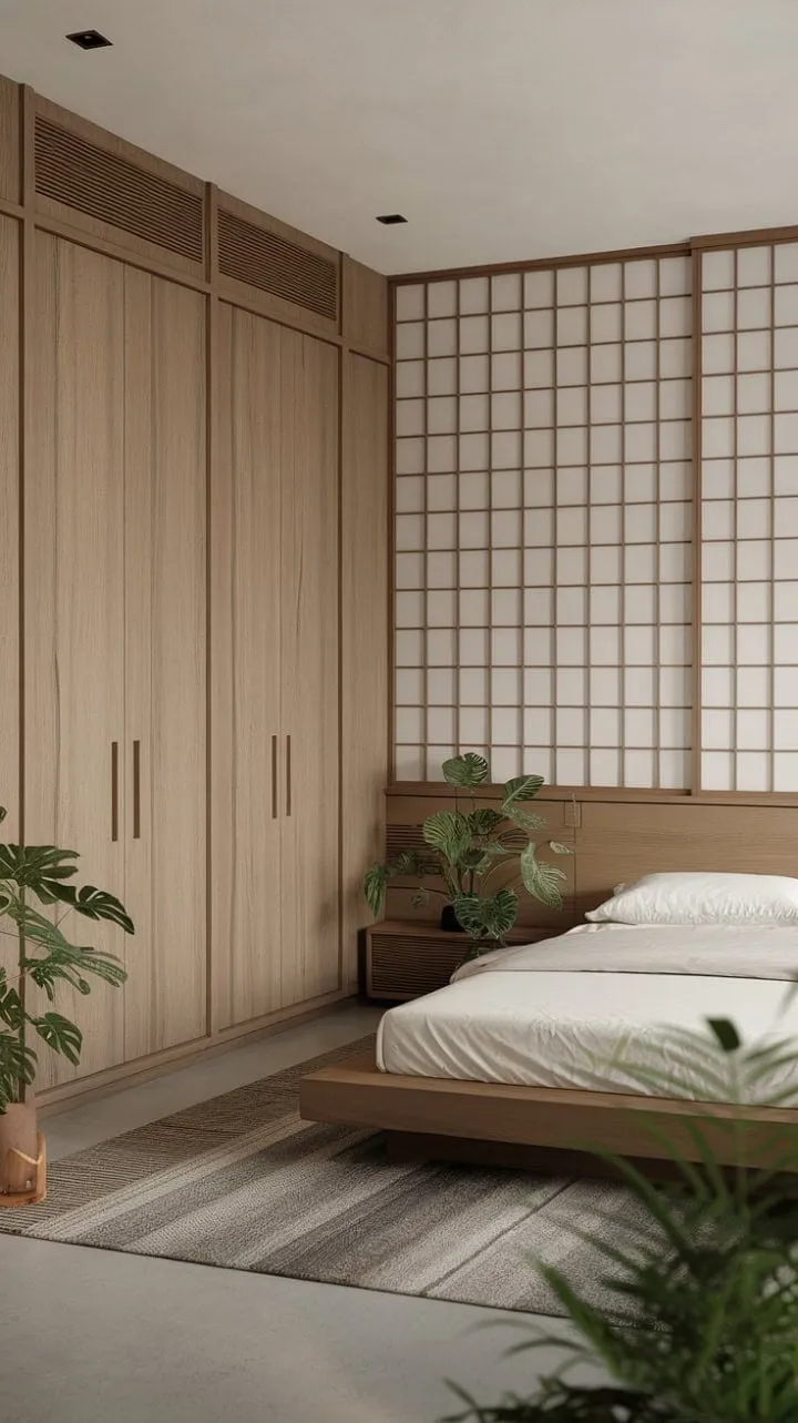 Discover tranquility in a Japandi-inspired bedroom where minimalist design and natural elements foster restful sleep and mindful serenity.