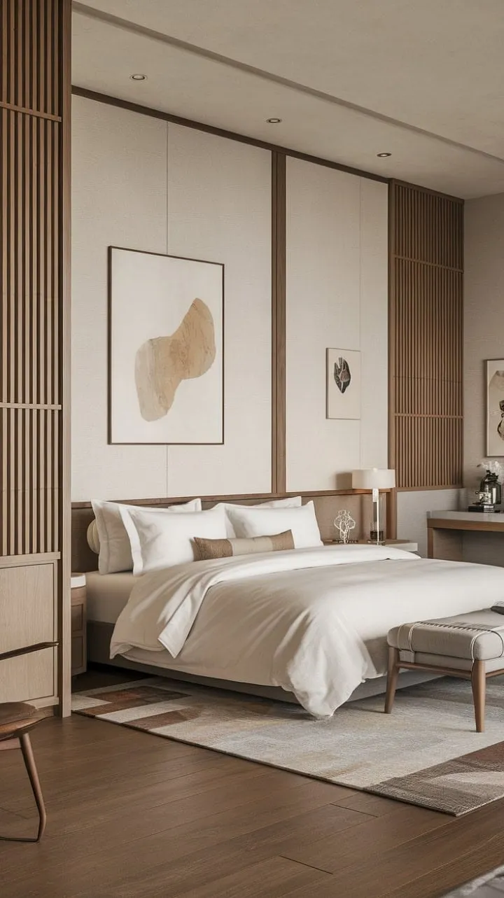 Discover a serene Japandi bedroom where a neutral palette and rich wood accents create a luxurious retreat for restful slumber.