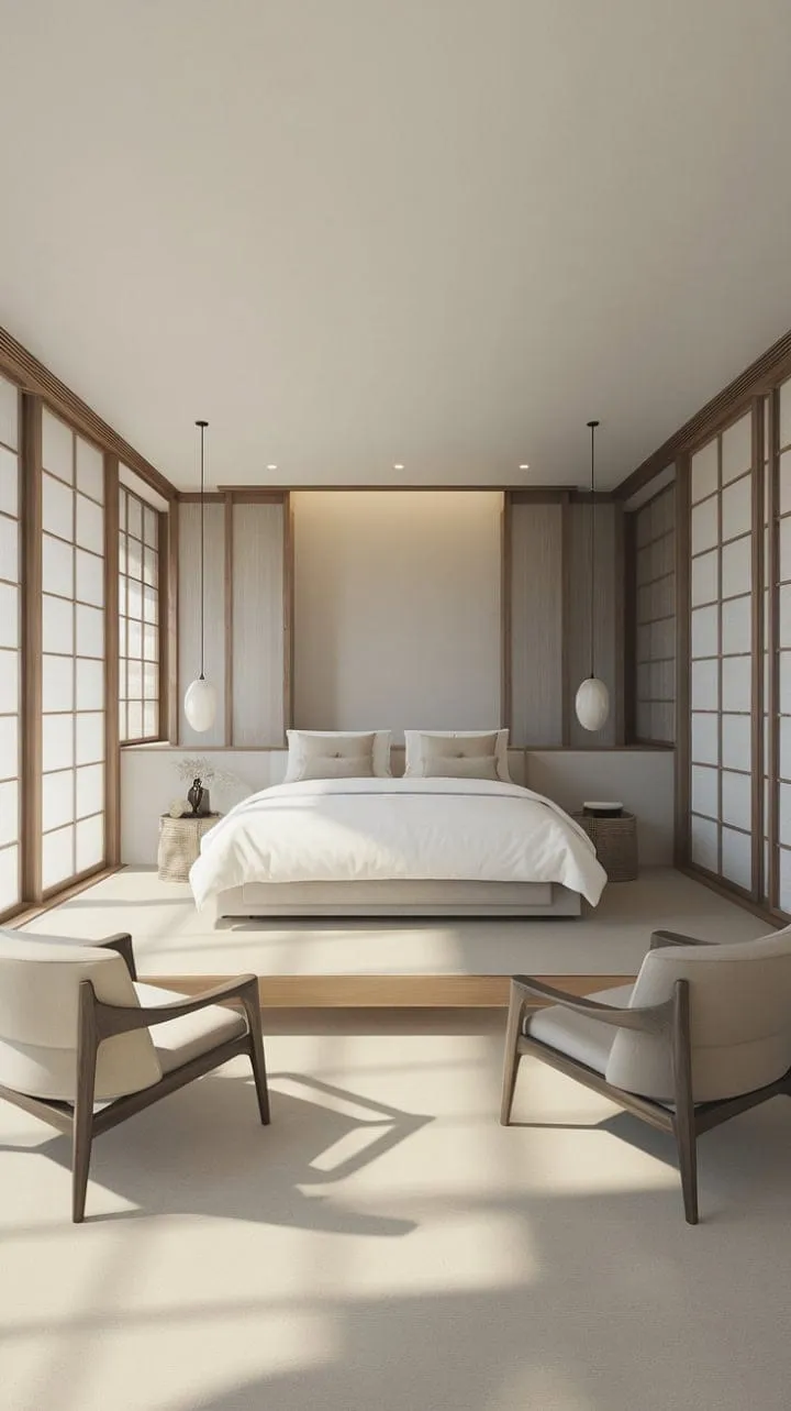 Experience serene sophistication in a Japandi-inspired bedroom where clean lines, natural materials, and abundant light converge to create a tranquil escape.