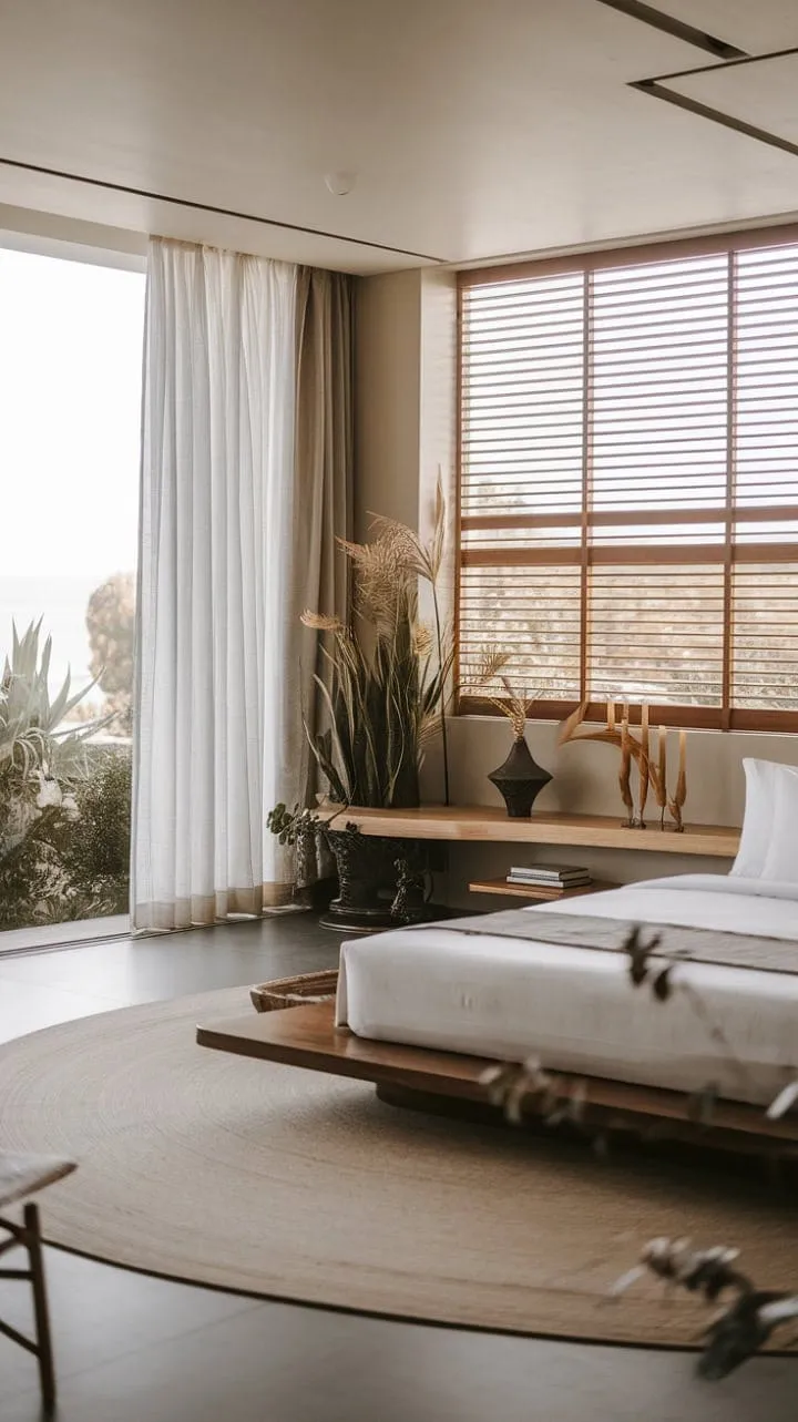 Discover tranquility in this Japandi-inspired bedroom, where minimalist design and natural wood create a luxurious sanctuary of calm.