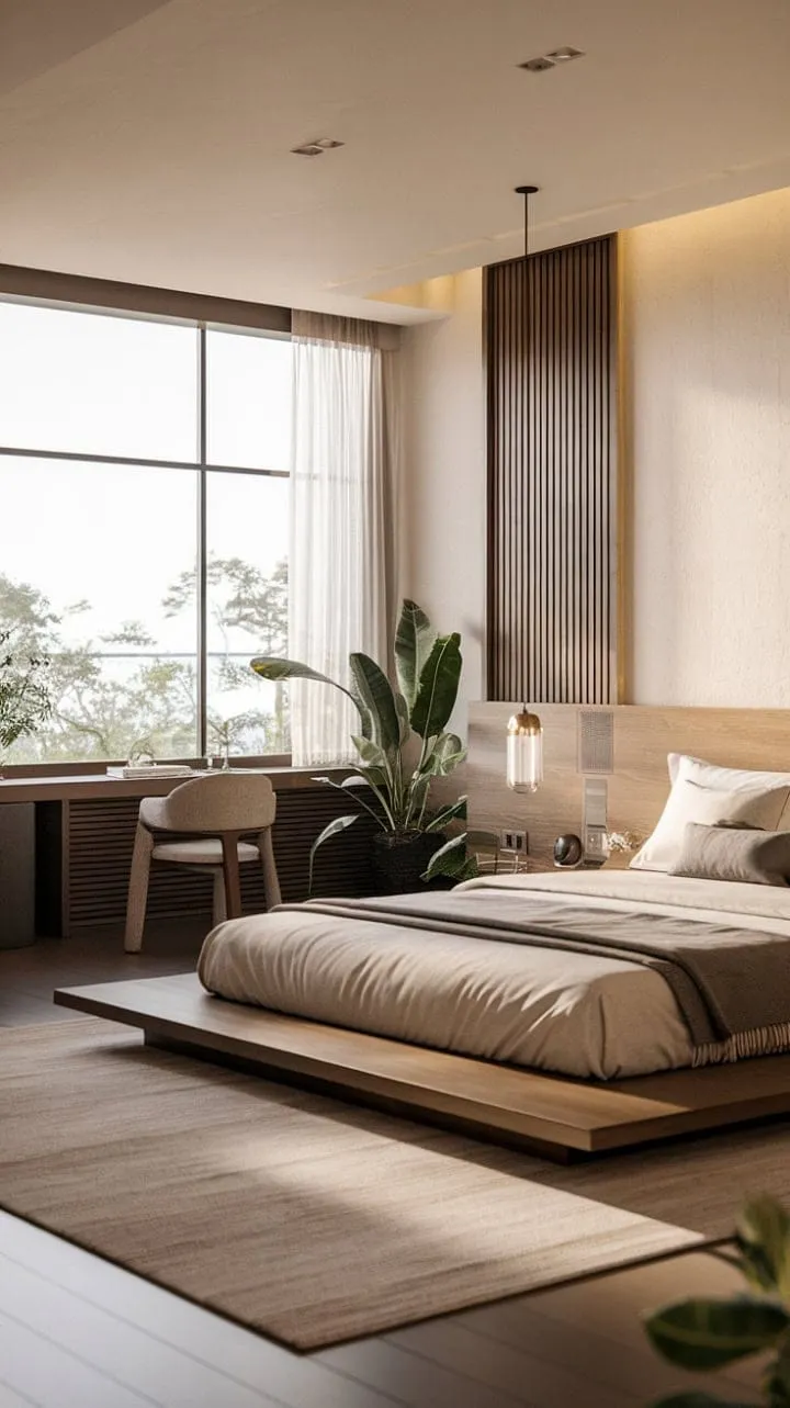 Discover tranquility in a Japandi-inspired bedroom where natural light, warm wood accents, and minimalist design converge to create a serene sanctuary.