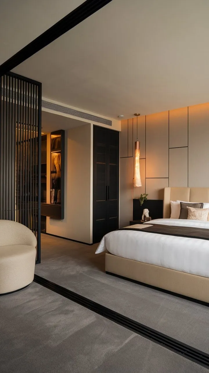 Experience tranquil luxury in this Japandi-inspired bedroom, where minimalist design and soothing neutral tones invite ultimate relaxation.