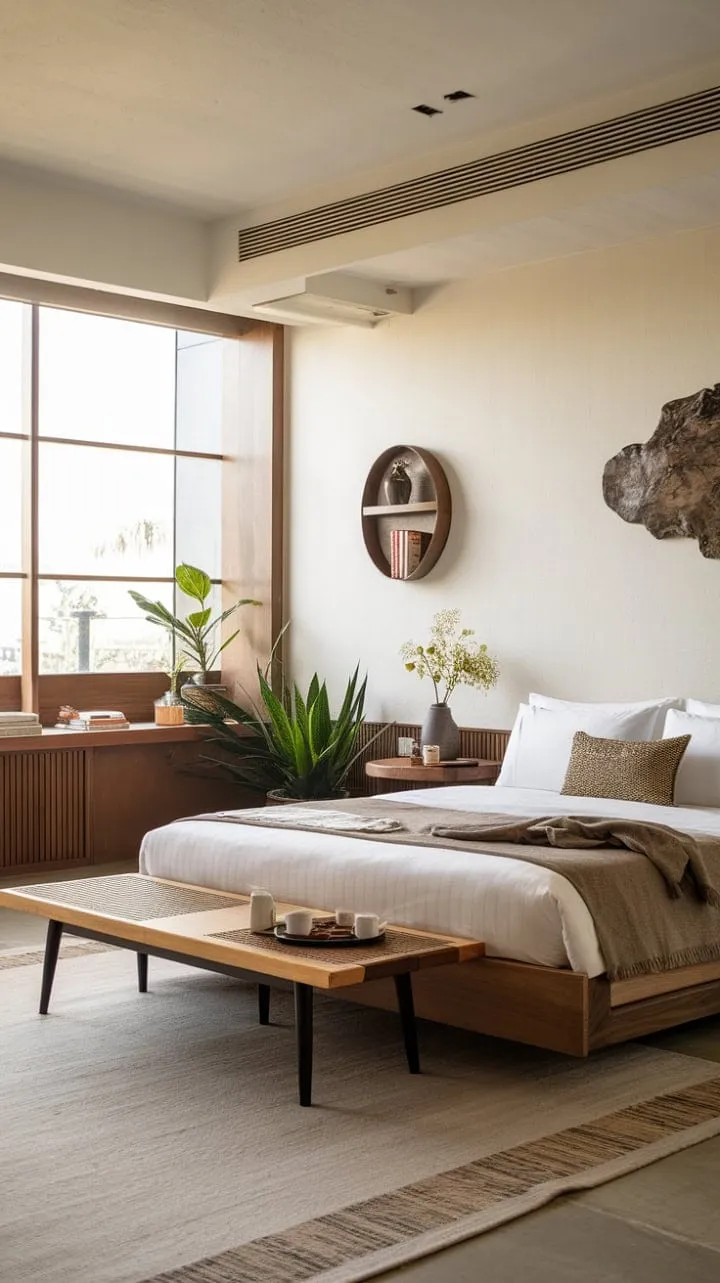 This beautifully crafted bedroom harmoniously fuses Zen tranquility with Japandi elegance, creating a spacious, light-filled sanctuary of comfort and sophistication.