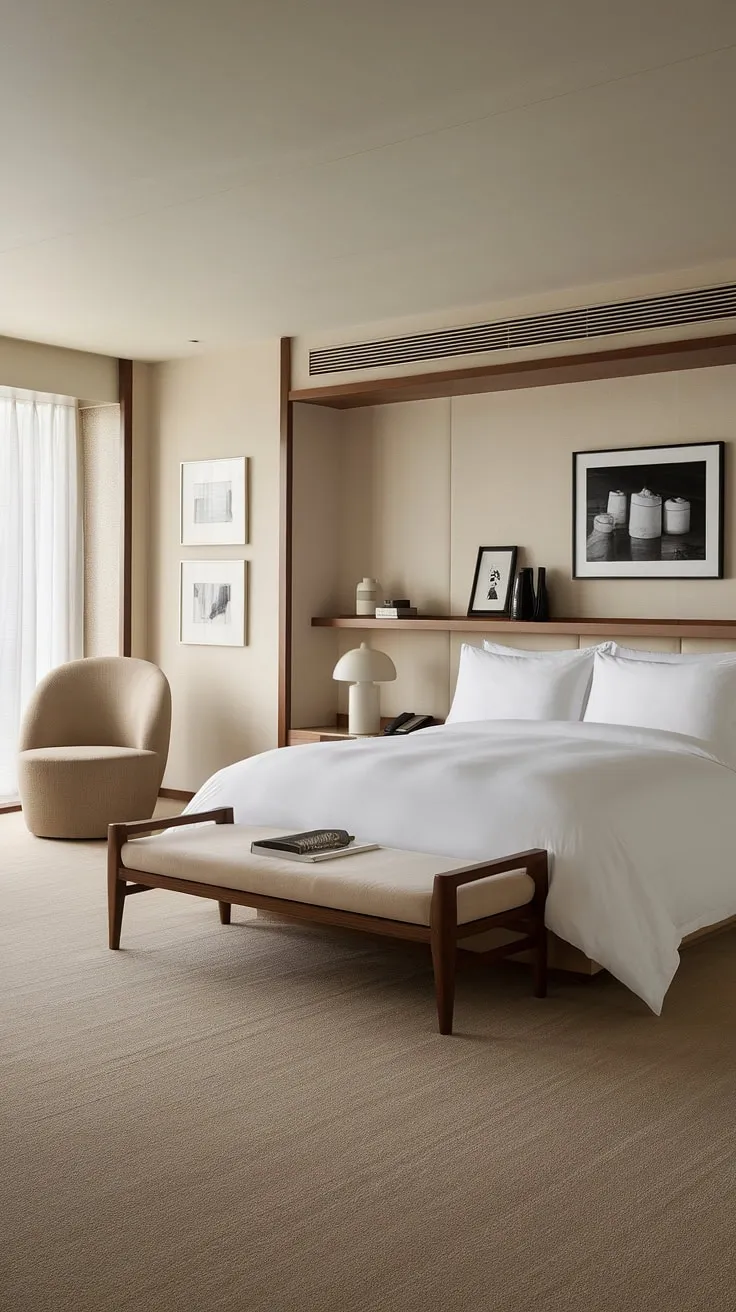 Find your peace in this exquisitely appointed bedroom. A blend of modern and traditional aesthetics, the space offers a sophisticated retreat, complete with calming textures and a sense of understated elegance. A true sanctuary awaits.