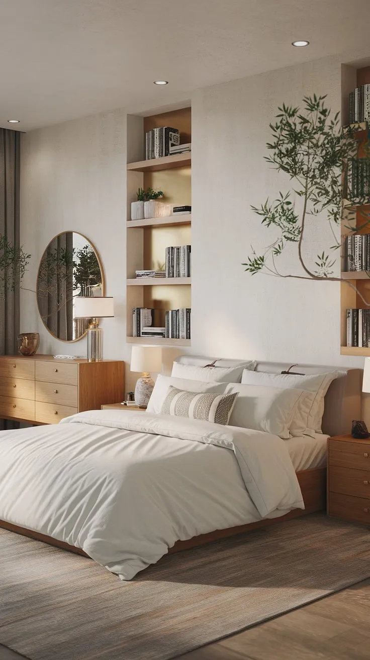 Wake up refreshed in this luxurious zen bedroom. The harmonious blend of Japanese and Scandinavian design elements, including the wooden dresser and plush bedding, promotes a sense of calm and well-being. Every detail, from the carefully curated books to the soft lighting, contributes to an atmosphere of understated elegance and tranquility.
