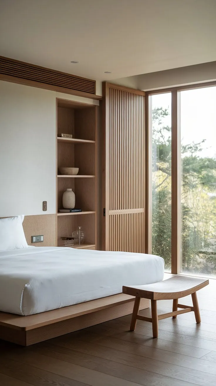 Find your zen in this exquisitely designed bedroom. The clean lines, natural materials, and thoughtful details-from the built-in shelving to the simple wooden stool-cultivate a space of tranquility and understated elegance. A haven of calm awaits.