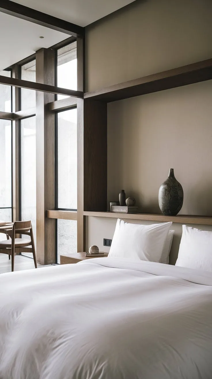Find serenity in this minimalist zen bedroom. The Japandi-inspired design, featuring a king-size bed and natural light, creates a luxurious and calming sanctuary. A perfect blend of modern comfort and mindful simplicity.
