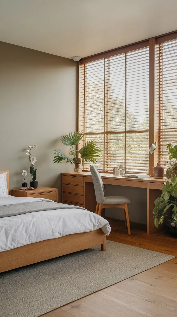 Find your calm in this serene Japandi-inspired bedroom. Natural light streams through the wooden blinds, illuminating the minimalist design and creating a peaceful sanctuary where you can truly unwind and recharge. The carefully curated space, featuring a queen-size bed and a dedicated workspace, offers both comfort and functionality.