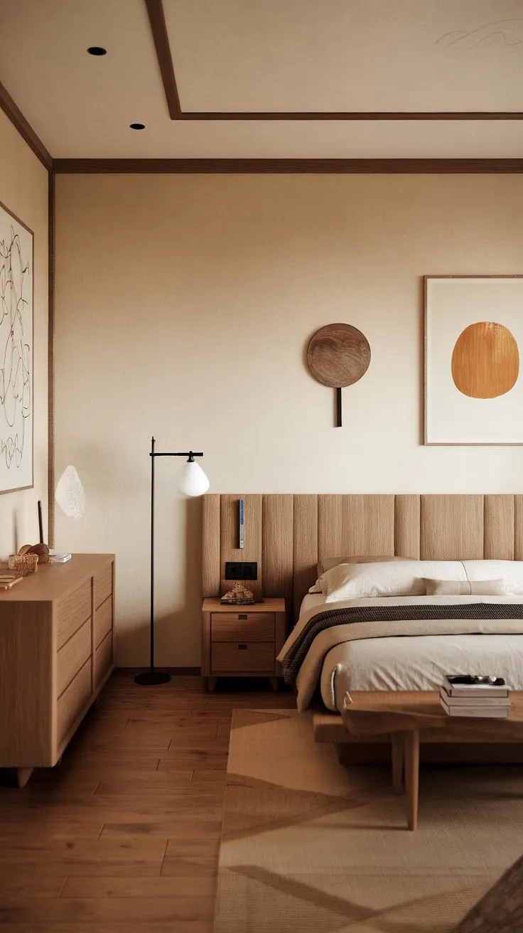 Find your sanctuary in this serene Japandi-inspired bedroom. The warm, neutral tones and minimalist art create a calming atmosphere perfect for restful sleep and quiet contemplation. A haven of peace and tranquility awaits.