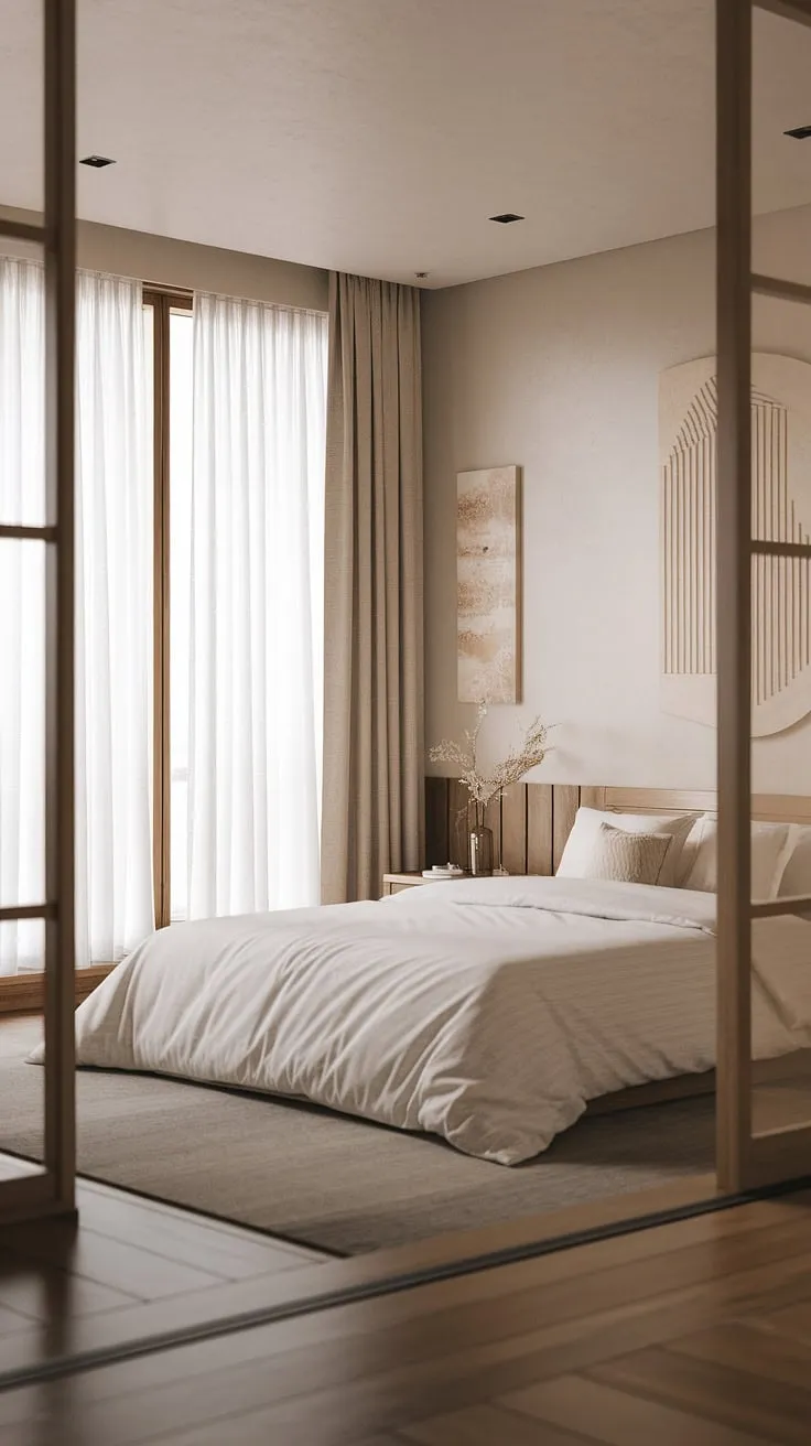 Find your sanctuary in this serene Japandi-inspired bedroom. The minimalist design, natural wood accents, and soft lighting create a haven of calm and tranquility, perfect for unwinding after a long day. A space where you can truly escape and reconnect with yourself.