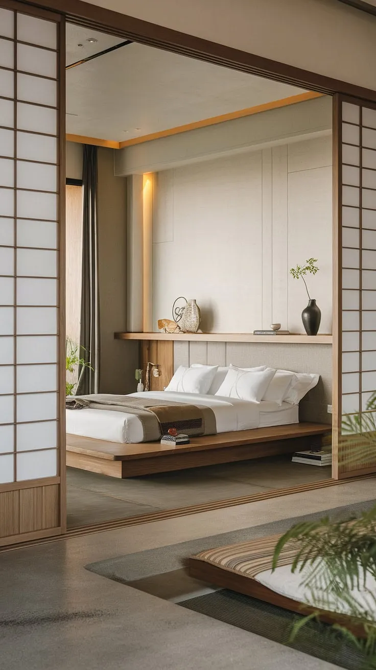 Wake up to serenity in this luxurious hotel room. The Japandi-inspired design, featuring a minimalist wooden platform bed and a blend of wood and concrete flooring, creates a tranquil escape. Natural light floods the space, enhancing the calming atmosphere. A truly restorative retreat awaits.