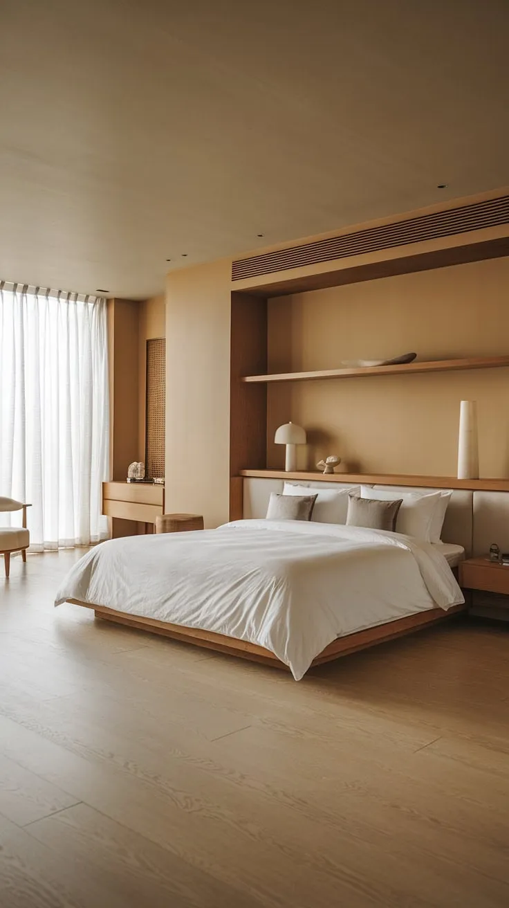 Wake up to tranquility in this exquisitely designed Japandi bedroom. The neutral palette, king-size bed, and thoughtful wooden details combine to offer a sophisticated and peaceful sanctuary. A space where modern comfort meets timeless elegance.
