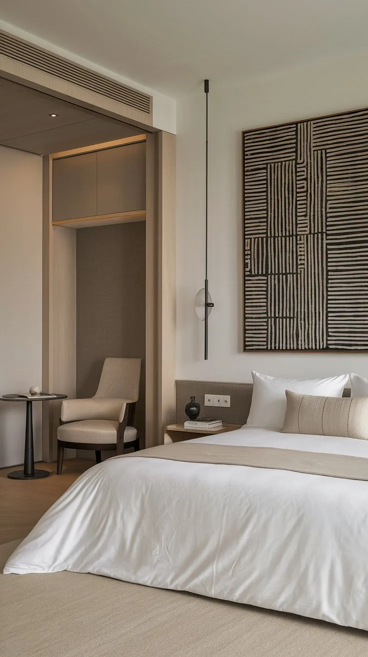 Escape to this exquisitely designed Japandi bedroom. The blend of Japanese minimalism and Scandinavian functionality results in a space that is both stylish and supremely comfortable. A perfect balance of form and function, this room offers a haven of peace and quiet, ideal for unwinding after a long day. The subtle textures and calming color scheme create a truly restorative atmosphere.