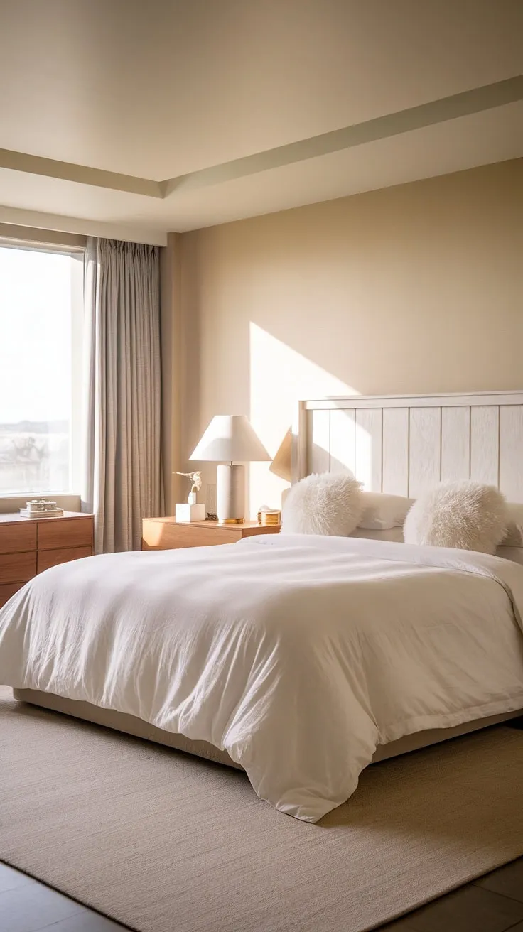 Indulge in the ultimate sleep sanctuary. This modern zen bedroom, with its Japandi aesthetic, offers a luxurious hotel-like experience. A spacious king-size bed, bathed in natural light, invites you to relax and recharge. The carefully curated details, including the elegant wooden dresser and soft beige palette, create a space of unparalleled peace and tranquility. A perfect blend of style and comfort.