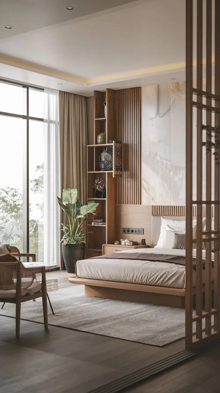 Find your sanctuary in this serene Japandi bedroom. The natural light, warm wood tones, and minimalist design create a luxurious and calming atmosphere, perfect for unwinding and restoring your inner peace. A haven of tranquility awaits.