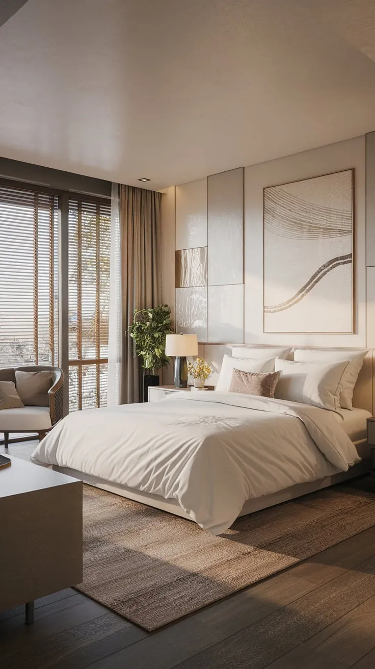 Escape the everyday in this exquisitely designed zen bedroom. The blend of Japanese and Scandinavian aesthetics, highlighted by a calming color palette and thoughtful details, offers a sanctuary of tranquility and understated elegance.