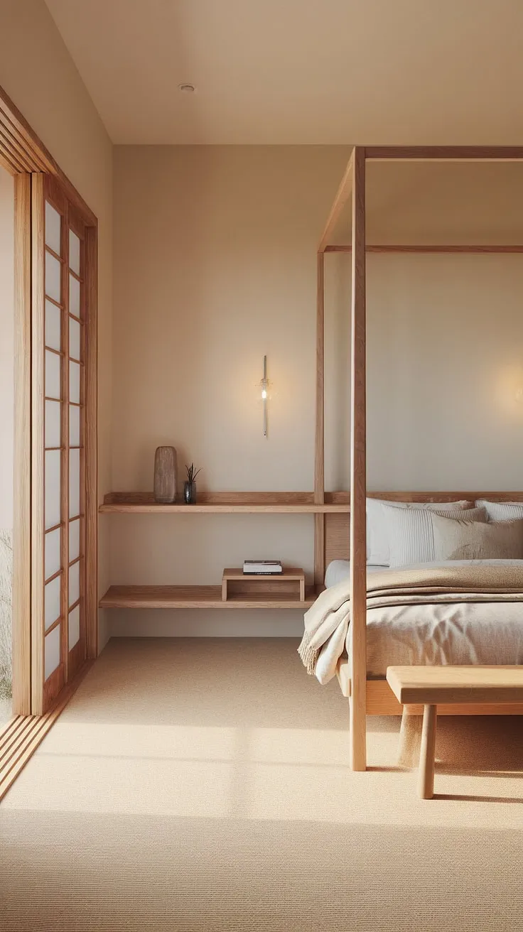 Wake up to serenity in this modern Zen bedroom. The warm, natural light streaming through the large window illuminates the calming space, enhanced by the simple elegance of the wooden furniture and minimalist decor. A true haven of peace and quiet.