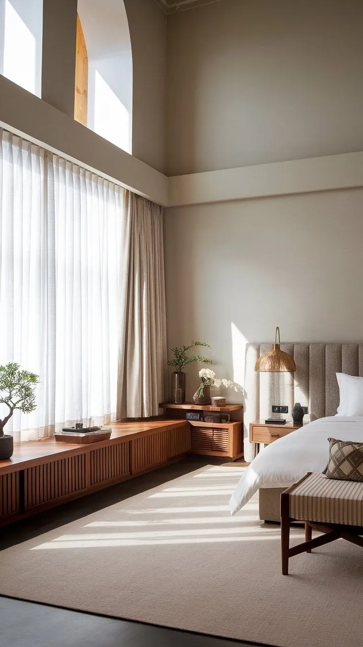 Wake up to serenity in this Japandi-inspired haven. The high ceilings and natural light create a luxurious hotel-like atmosphere, while the grey tones and minimalist design promote a sense of calm and tranquility. A perfect blend of modern comfort and zen-like simplicity.