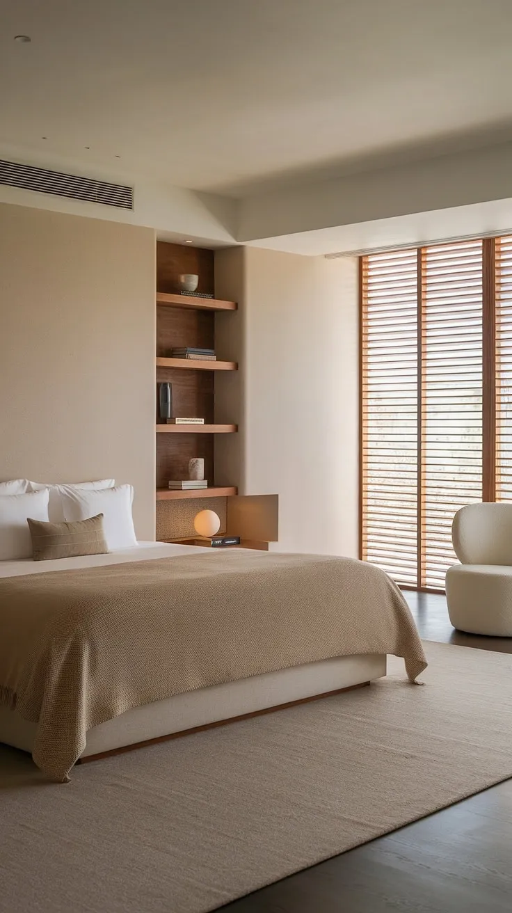 Find serenity in this Japandi-inspired haven. The minimalist design, featuring warm wood tones and a calming neutral palette, creates a sanctuary for restful sleep and quiet contemplation. A perfect blend of modern luxury and understated elegance.