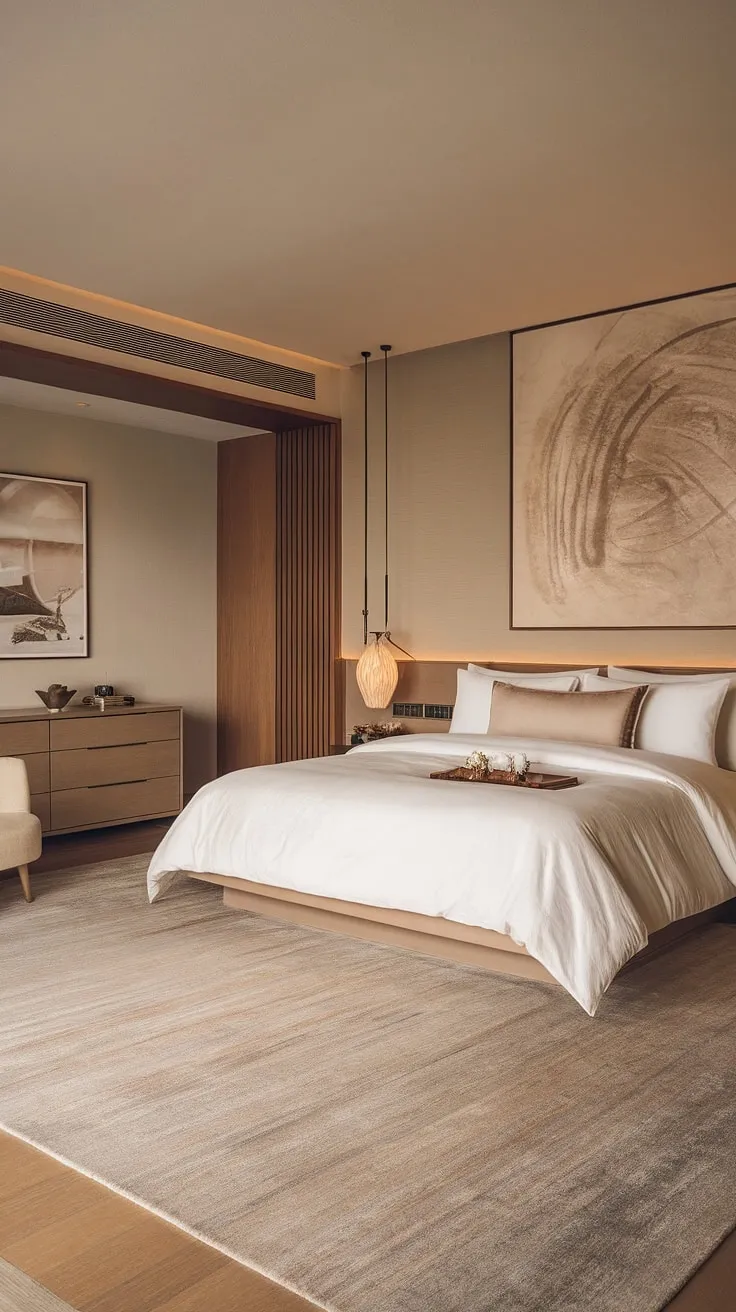 Find serenity in this Japandi-inspired haven. The calming neutral palette, natural wood accents, and minimalist design create a sanctuary for restful sleep and quiet contemplation. A perfect blend of Japanese and Scandinavian aesthetics, this bedroom offers a sophisticated escape from the everyday.