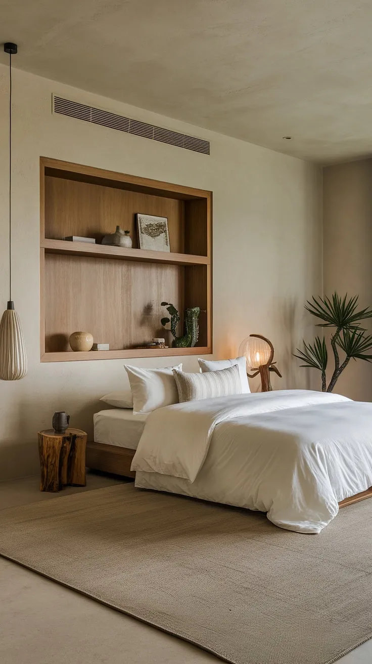 Find serenity in this Japandi-inspired bedroom. The minimalist design, featuring natural wood and a calming neutral palette, creates a sanctuary for restful sleep and mindful moments. A perfect blend of Japanese and Scandinavian aesthetics, this space embodies understated elegance and tranquil living.