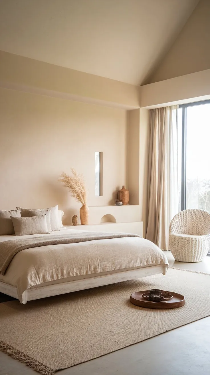 Sunlight streams into this serene Japandi-inspired bedroom, creating a haven of calm. The luxurious linen bedding and minimalist decor, including a simple wooden tray and ceramic vase, contribute to the overall sense of understated elegance and tranquility. A perfect space for mindful rest and rejuvenation.