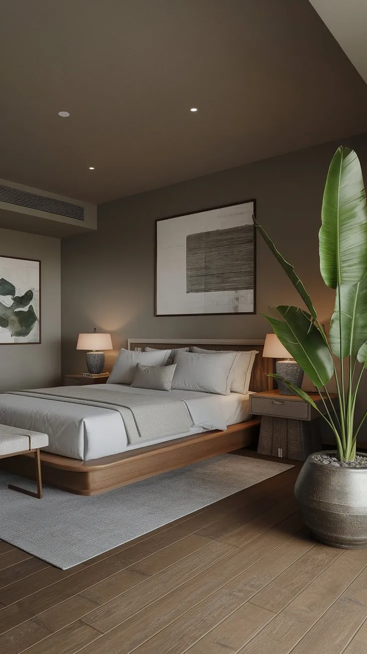 Escape to this exquisitely designed bedroom, where modern elegance meets the calming spirit of Japandi style. The neutral palette, complemented by carefully chosen artwork and a lush plant, fosters a sense of peace and well-being. A true retreat.