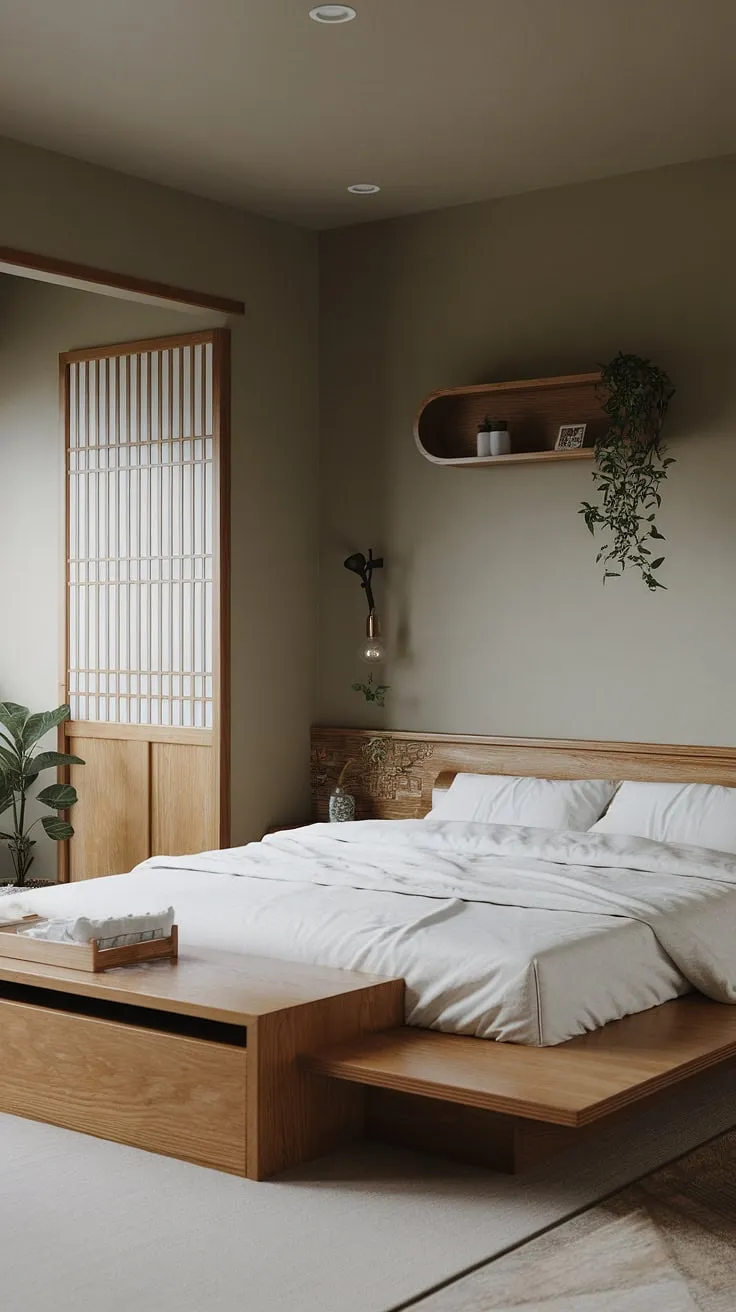 Find your calm in this serene Japandi-inspired bedroom. The minimalist design, featuring a low wooden platform bed and muted tones, creates a sanctuary for restful sleep and mindful living. A perfect blend of Japanese and Scandinavian aesthetics, this space embodies tranquility.