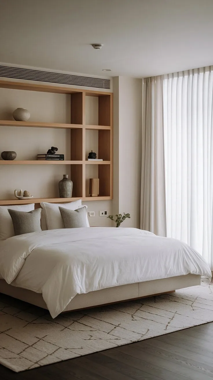 Escape to your own private oasis. This modern zen bedroom, with its Japandi aesthetic and luxurious details, offers a haven of calm. The neutral tones, plush bedding, and carefully curated accessories create a space that is both stylish and deeply relaxing. A true testament to the beauty of simplicity.