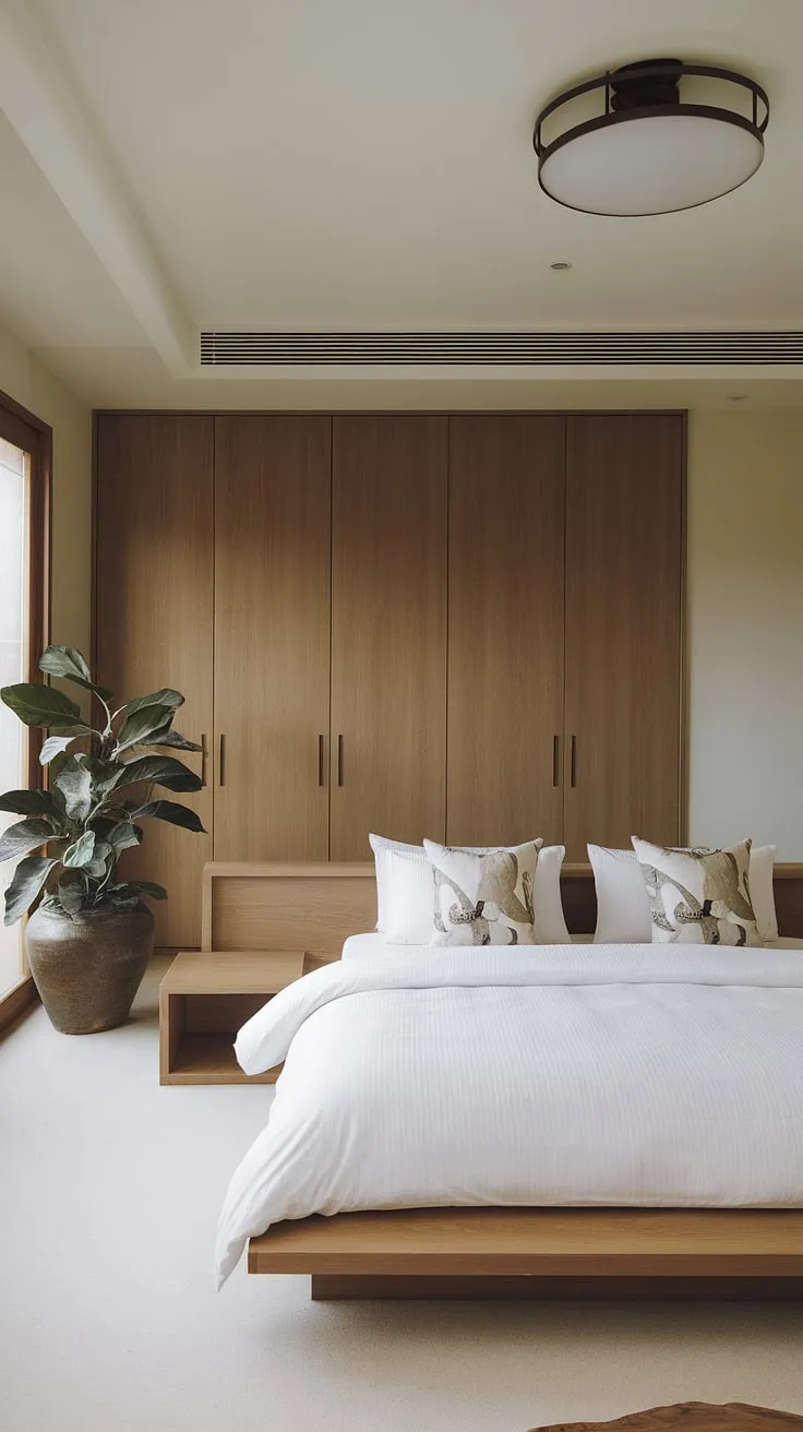 This modern zen bedroom is a testament to the beauty of simplicity. Natural wood accents and clean lines create a peaceful atmosphere, while the carefully chosen elements-from the potted plant to the minimalist nightstand-contribute to a sense of calm and well-being. A true haven for relaxation.