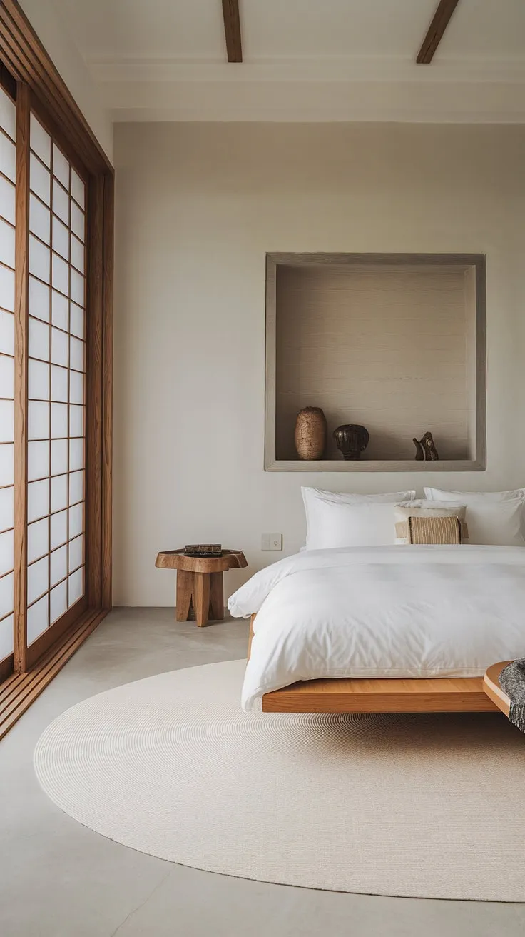 Find serenity in this Japandi-inspired bedroom. The minimalist design, featuring a large wooden platform bed and floor-to-ceiling windows, creates a tranquil space perfect for unwinding and reconnecting with yourself. Natural light floods the room, highlighting the warm wood tones and creating a calming atmosphere. A sense of peace permeates every detail, from the carefully curated décor to the soft white bedding.