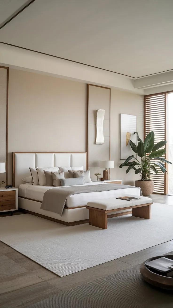Wake up to tranquility in this luxurious bedroom. The clean lines, natural textures, and calming color palette foster a sense of peace and well-being. A true testament to the beauty of simple, elegant design.