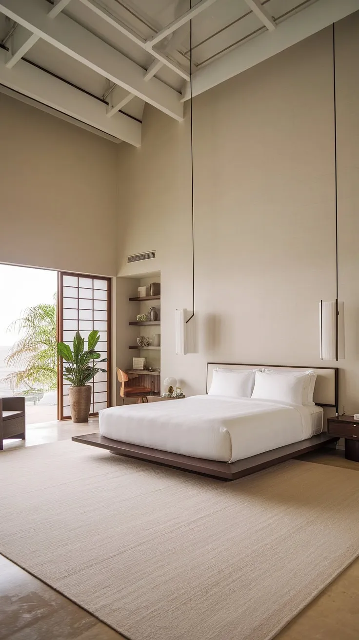 Serene sanctuary. This Japandi-inspired bedroom, with its high ceilings and minimalist design, offers a haven of calm and understated luxury. The natural light and carefully chosen textures create a space that feels both modern and deeply restful. A perfect blend of Japanese simplicity and Scandinavian functionality, it's a testament to the power of less.