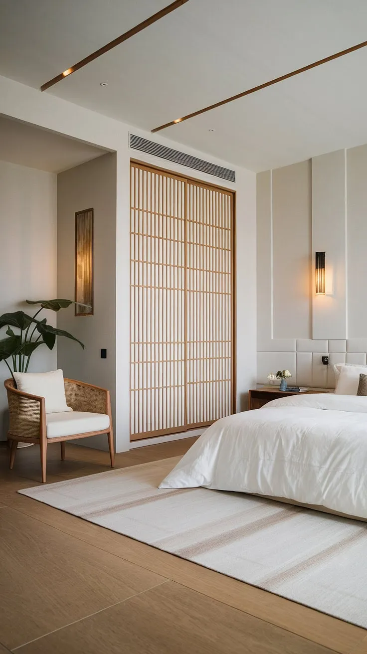 Escape to this exquisitely designed bedroom, a sanctuary of calm. The spacious layout, featuring a queen-sized bed and a tall wooden cabinet, showcases the beauty of Japandi aesthetics. Natural light and a thoughtful selection of furniture create a space that is both stylish and supremely relaxing.
