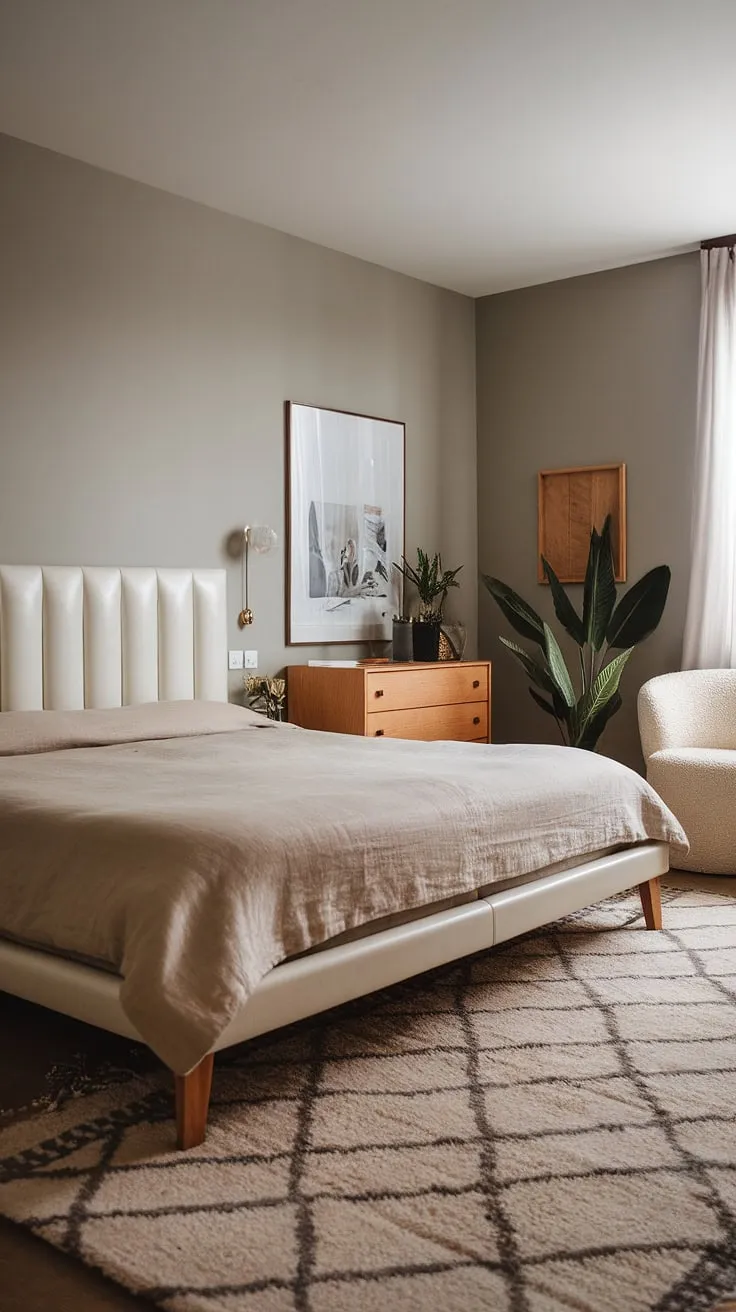 Wake up refreshed in this exquisitely designed Zen bedroom. The soft beige linen bedding, white leather headboard, and carefully curated details combine to create a haven of calm and understated elegance. A space where you can truly unwind and reconnect with yourself.