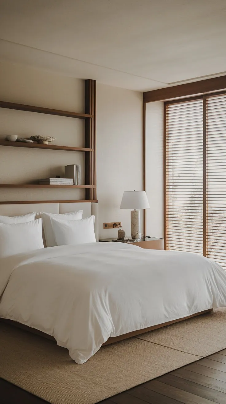 Find your inner peace in this exquisitely designed bedroom. The subtle blend of Japanese and Scandinavian aesthetics, coupled with the calming neutral tones, creates a luxurious hotel-like atmosphere. A space designed for restful slumber and mindful moments.