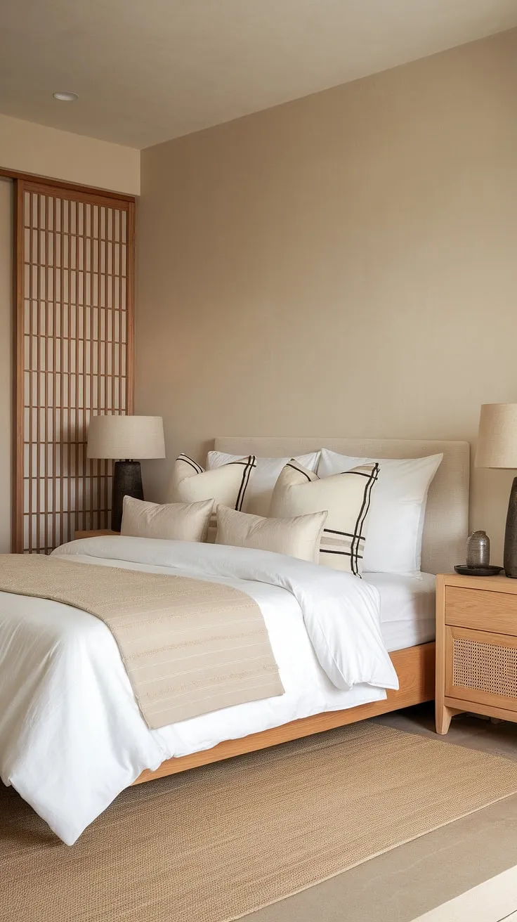 Find your sanctuary in this serene Japandi-inspired bedroom. The calming neutral palette, natural wood accents, and soft textures create a space of ultimate relaxation and tranquility. A perfect blend of minimalist design and understated elegance.