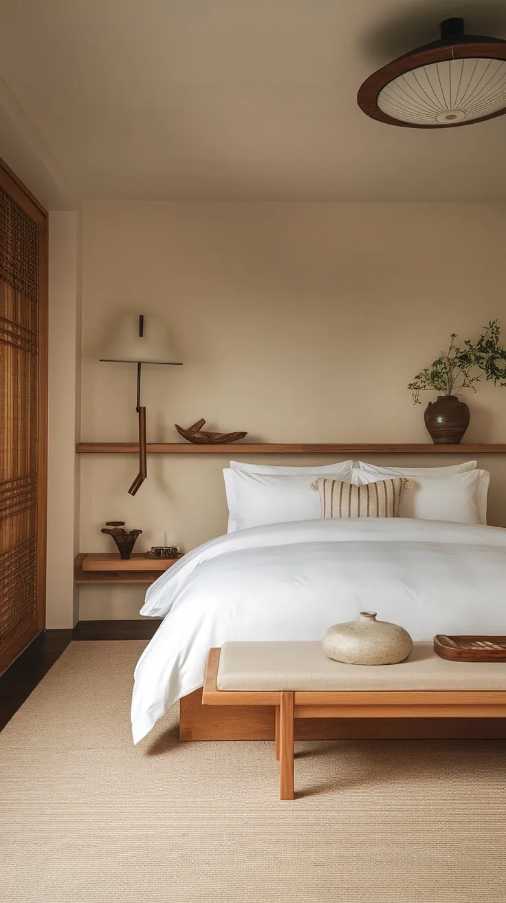 Escape to tranquility in this exquisitely designed Japandi bedroom. The soft beige walls, luxurious bedding, and carefully curated wooden furniture evoke a sense of calm and sophistication. This space is a testament to the beauty of minimalist design, offering a haven of peace and quiet.