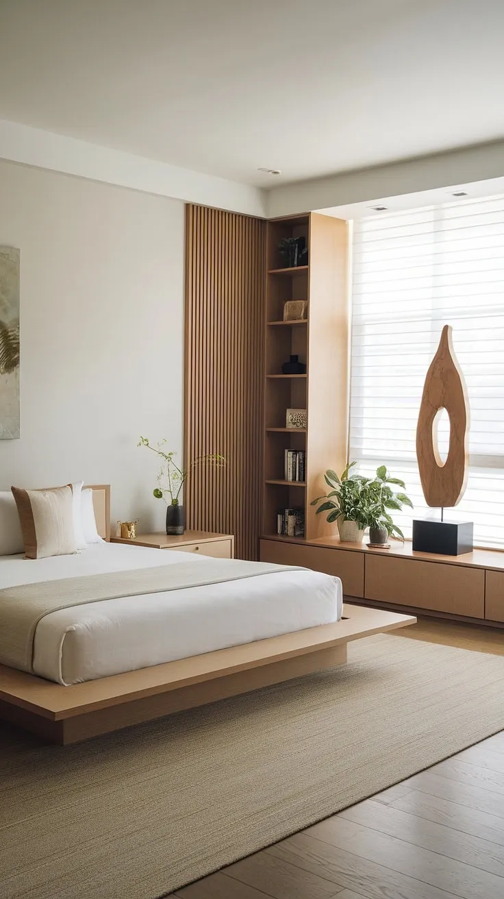 Find your calm in this luxurious zen bedroom. The clean lines, natural materials, and thoughtful placement of furniture and plants cultivate a space of effortless elegance and mindful living. A sanctuary for rest and rejuvenation.
