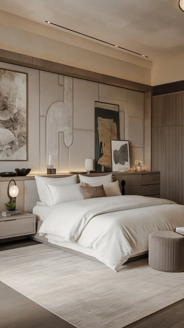 Experience serene luxury in this modern zen bedroom, where minimalist Japandi design and a plush king-size bed create the perfect sanctuary for rejuvenating sleep.