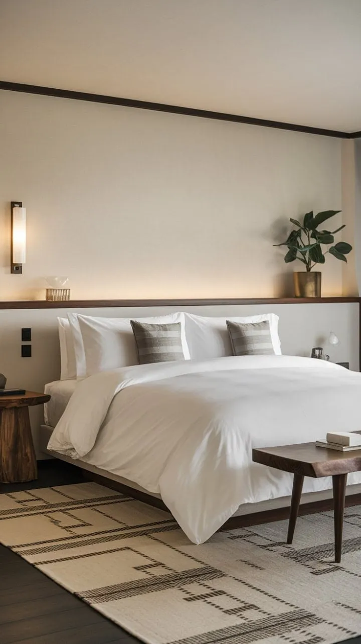 Experience tranquility in this Japandi-inspired bedroom, where minimalist design and a luxurious king-size bed harmonize in soothing neutral tones.