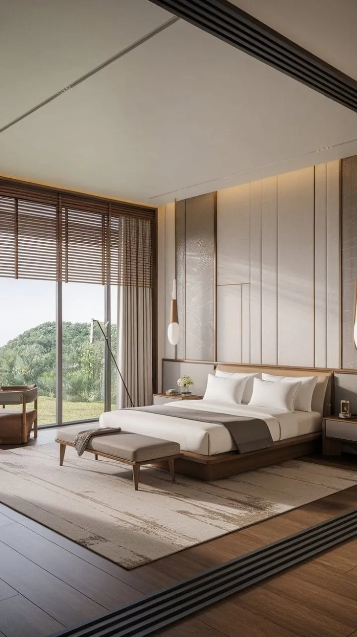 Experience serene luxury in a Japandi-inspired bedroom, where calming neutrals and natural light create a rejuvenating sanctuary for ultimate relaxation.