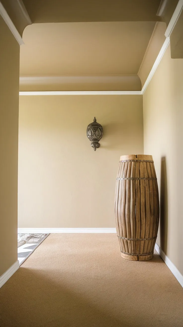 Elegant hallway interiors don't have to be complicated. This clean entryway design proves that simple, beige home decor ideas, combined with thoughtful hallway design ideas and hallway flooring ideas, can create a stunning and welcoming space. The molded hallway's decorative wall lamp adds a touch of understated luxury to this neutral hallway decor.