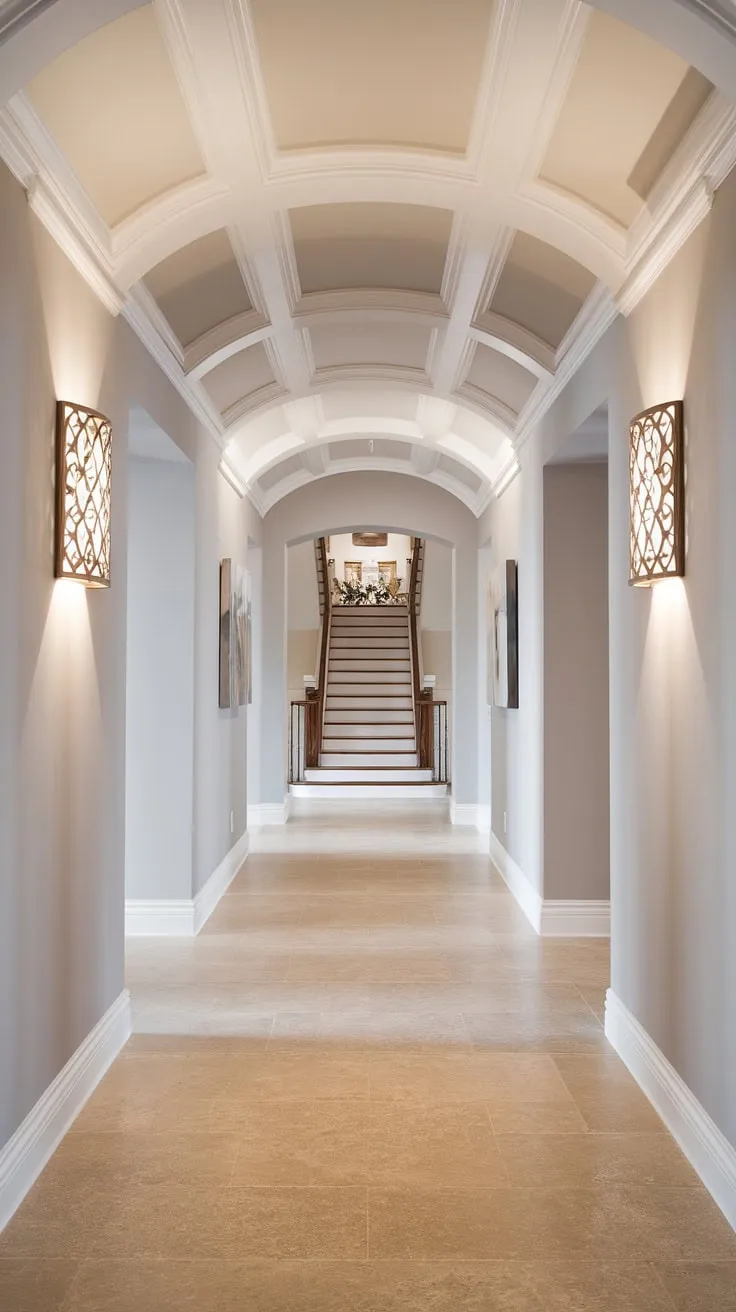 Step into serenity. This molded hallway, with its elegant grey walls and beige flooring, offers a masterclass in clean entryway design.  The decorative wall sconces and carefully curated hallway wall decor ideas create a sophisticated atmosphere, showcasing the best in neutral hallway decor and hallway design ideas.  The staircase hints at the beauty that awaits upstairs, making this house hallway design truly unforgettable.  Consider this inspiration for your own elegant hallway interiors and beige home decor ideas, or explore further hallway flooring ideas to achieve a similar look.