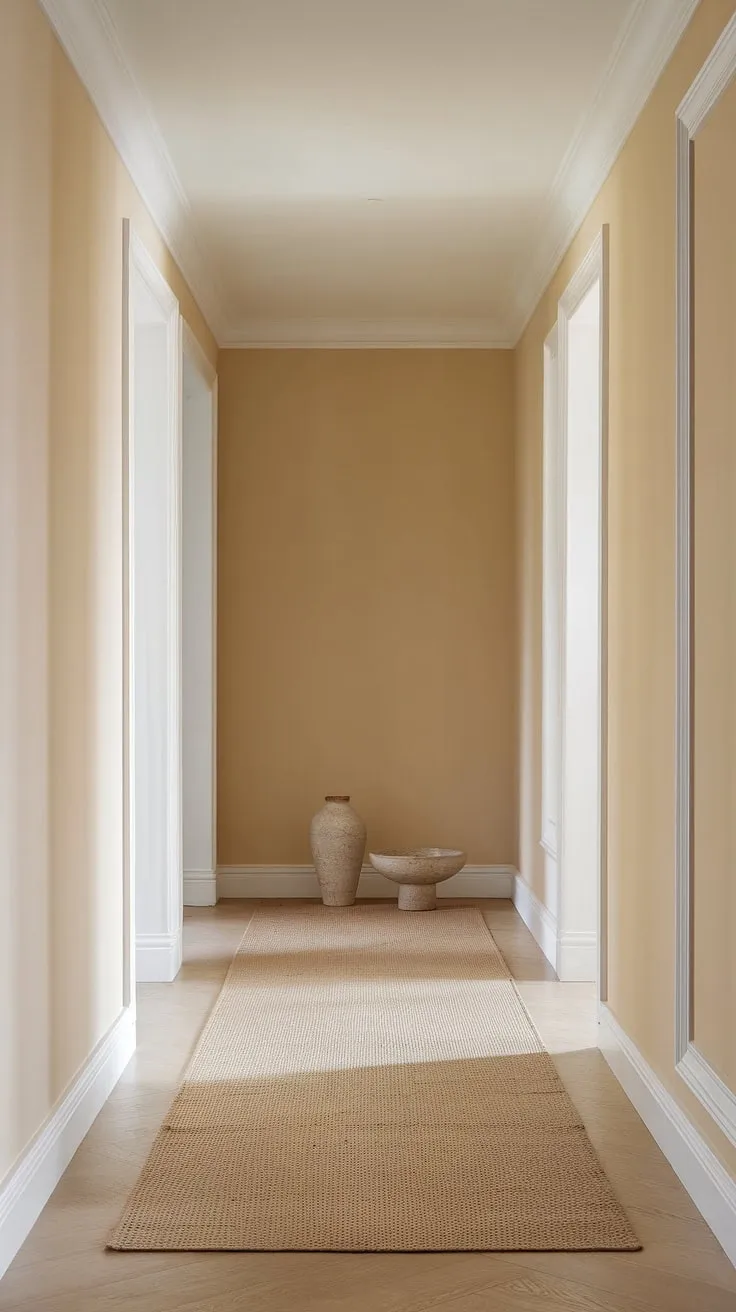 Step into serenity. This molded hallway, a testament to elegant hallway interiors, showcases the beauty of neutral hallway decor.  Light wood hallway flooring ideas complement the beige home decor ideas, creating a clean entryway design that's both inviting and sophisticated.  The subtle decorative hallway design, with its carefully chosen vase and bowl, elevates this house hallway design to new heights.  Explore more hallway design ideas and hallway wall decor ideas for your own home.