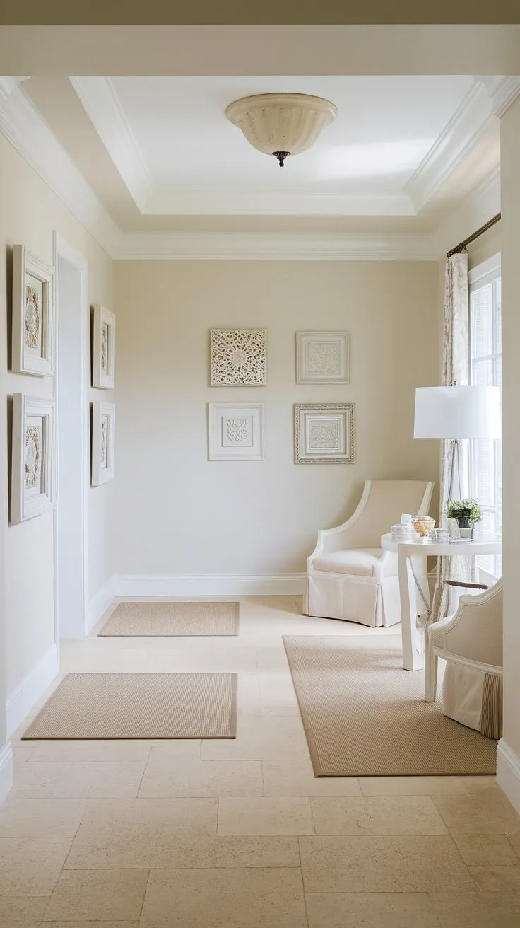 A breath of fresh air in hallway design ideas. This sophisticated space boasts a clean entryway design, showcasing the beauty of a neutral palette.  The molded hallway is elegantly defined by beige and white tones, with thoughtful hallway flooring ideas and hallway wall decor ideas creating a cohesive and inviting atmosphere.  The beige home decor ideas, from the rugs to the chair, add warmth and texture to this stunning example of elegant hallway interiors.